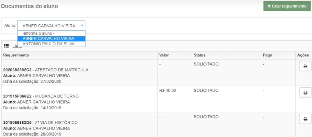 Print da seleção de alunos na tela de requerimentos online