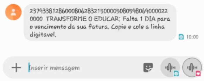 Print da mensagem de cobrança automática de vencimento da fatura, uma das funcionalidades do Proesc