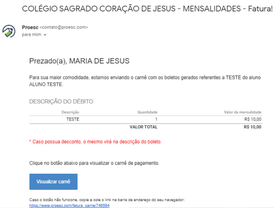 Print da tela de cobrança automática em um ambiente de testes