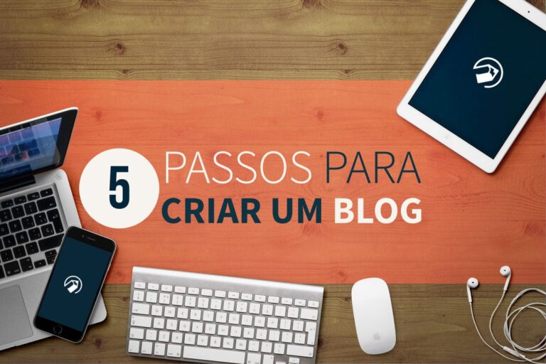 Composição com diversos dispositivos e uma faixa escrita como criar um blog escolar