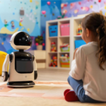 Menina conversando com robô em sala de aula