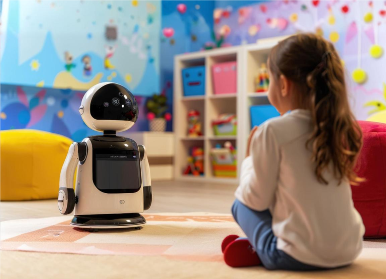 Menina conversando com robô em sala de aula