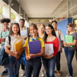 Estudantes do ensino médio sorrindo para a foto enquanto seguram seus cadernos e livros