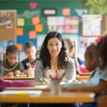 Orientadora escolar em sala de aula, observando desempenho de alunos